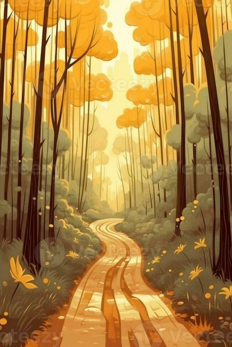 AI Generative Beautiful sunny autumn landscape with fallen dry red leaves road through the forest and yellow trees Autumn Forest Drawing, Fallen Tree Drawing, Forest Illustration Trees, Autumn Forest Illustration, Picnic Quotes, Autumn Sketches, Yellow Moodboard, Baby Bison, Ipad Inspo