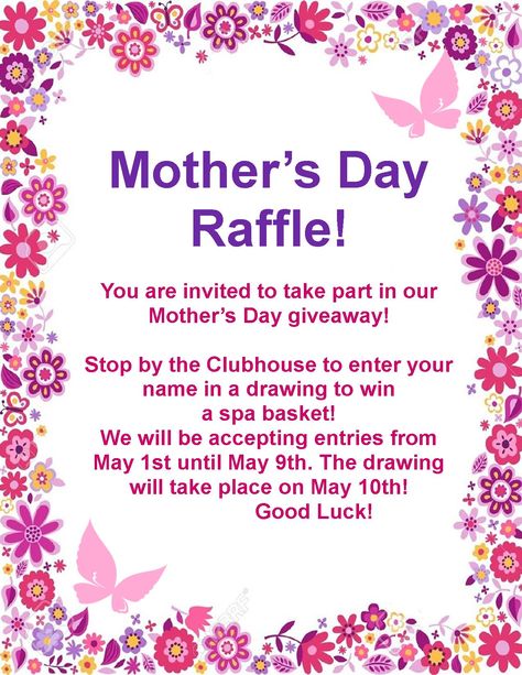 One of our resident events to celebrate Mother's Day! We will be giving away a spa themed gift basket to one lucky winner. Residents are invited to submit their names to win a gift for themselves or for mom, to surprise her with a much deserved day of relaxation! Mothers Day Events, Mothers Day Fundraising Ideas, April Events For Residents, March Resident Event Ideas, Resident Event Ideas Apartments, Spring Resident Events Ideas Apartments, Mothers Day Event Ideas, Apartment Resident Events Ideas, April Resident Events