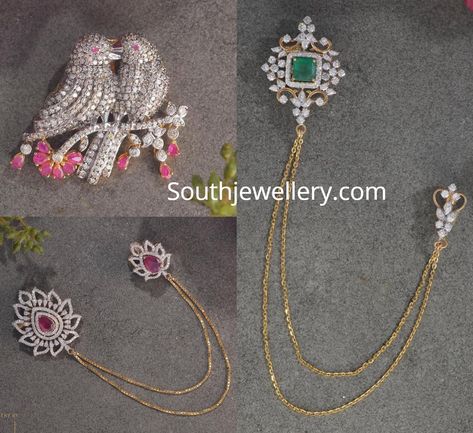 18 carat gold diamond brooches by Nikitha Linga. diamond brooch india, diamond accessories, diamond jewellery, diamond saree pins Nikitha Linga Jewellery, Gold Broach Design For Men, Saree Pins Brooches Indian, Saree Pins Brooches Gold, Gold Saree Pin Designs, Saree Brooch Designs, Gold Brooch For Men, Saree Pins Brooches, Saree Chain