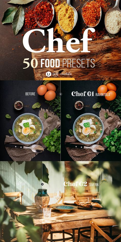 Chef Food Lightroom Presets for Desktop & Mobile - 50 pro presets for food photographers, bloggers and small business owners