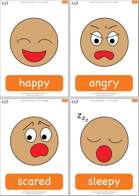 If You're Happy And You Know It, Songs Original, Emotions Flashcards, Kindergarten Esl, Fun Songs For Kids, Free Flashcards, Classroom Songs, Classroom Charts, Emotions Activities