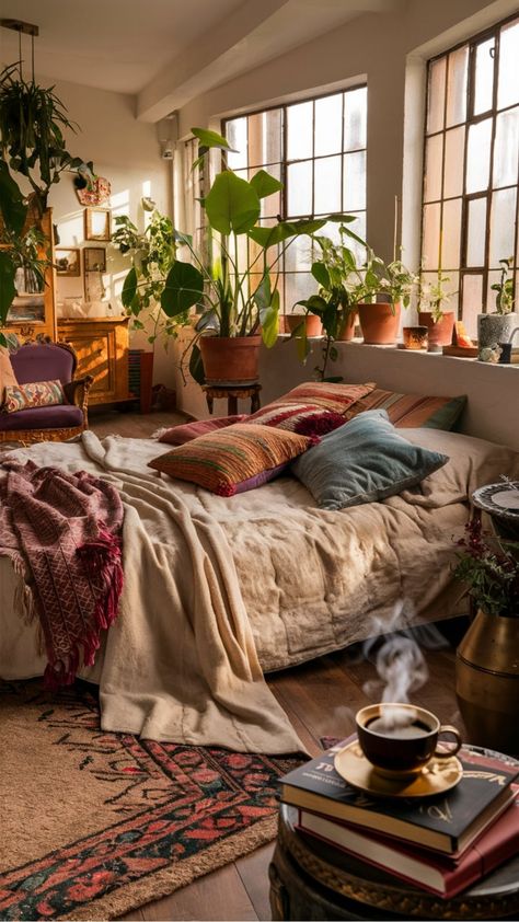 Cozy bedroom with large plants, sunlight streaming through windows, and a steaming cup of coffee on a stack of books. Fluffy Blankets Aesthetic, Cozy Bedroom Decor Ideas, Cozy Bedroom Aesthetic, Cozy Bedroom Decor, Plush Bedding, Cozy Bedrooms, Aesthetic Bedroom Ideas, Tree House Decor, Bohemian Vibes