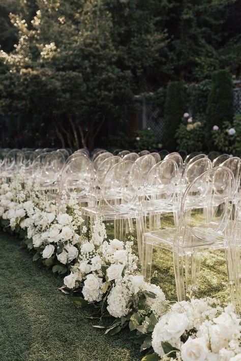 Acrylic Chairs, Wedding Isles, Ghost Chairs, White Wedding Theme, Aisle Flowers, Hydrangeas Wedding, Wedding Aisle Decorations, Ceremony Flowers, Ivory Flowers