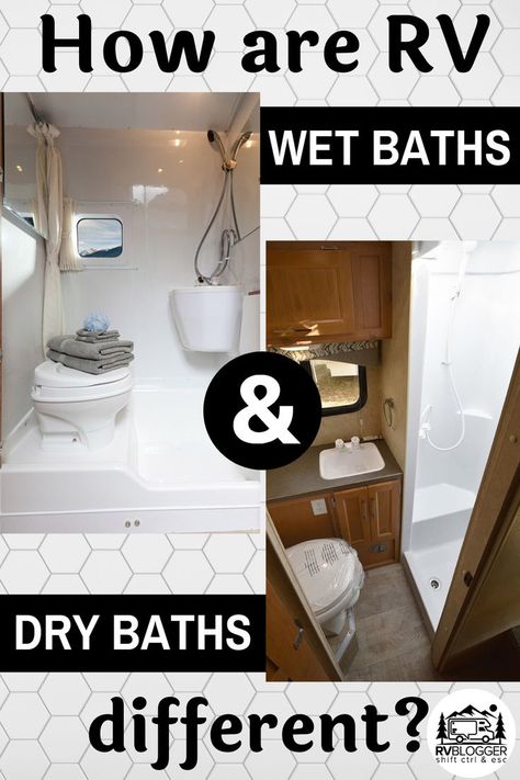 Did you know there are 2 types of RV bathrooms, a wet bath and a dry bath? The size of your RV, such as a tear drop camper or a 5th wheel travel trailer, may determine the type of bathroom you have. Or maybe you want to install a wet bath kit in your RV renovation. Check out these great tips on RV bathroom designs and styles to see which is best for you!. #rvblogger #rvbathroom #rvwetbath #rvdrybath #rvwetbathkit #rvbathroomremodel #rvremodel #rvtips #campervan #classbrv #rvreno #rvrenovation Camper Wet Bath Ideas, Tiny Wet Room With Toilet, Tiny Rv Bathroom, Rv Wet Bath, Rv Bathrooms, Tiny Wet Room, Best Pop Up Campers, 5th Wheel Travel Trailers, Fifth Wheel Living