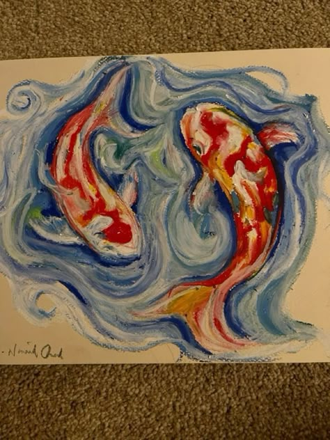 Cool Pastel Art, Blue Sketch Aesthetic, Painting Ideas Koi Fish, Koi Fish Oil Pastel, Oil Pastel Inspiration, Fish Drawing Aesthetic, Oil Pastel Art Tutorials, Fish Oil Pastel, Oil Pastel Drawings Aesthetic