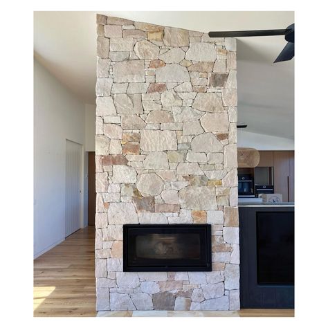 Fireplace Dividing Living And Dining, Crazy Pave Fireplace, Stone Cladding Fireplace, Dream Apartments, Sandstone Cladding, Hamptons Farmhouse, Stone Veneer Fireplace, House Fireplace, Sandstone Fireplace