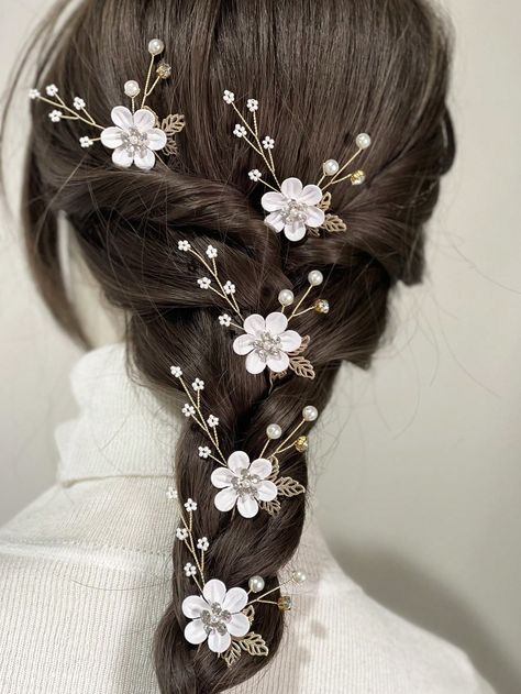 5pcs Flower & Faux Pearl Decor Bridal Hair Pin Boho Tiaras Halloween White Boho   Zinc Alloy     Wedding & Event, size features are:Bust: ,Length: ,Sleeve Length: White Flower Hair Accessories, White Flower Headpiece, Hair Accesories Wedding, White Flower Ring, Boho Tiara, Bridal Hair Ornaments, Bridal Hair Pin, Wrist Flowers, Hair Style Korea