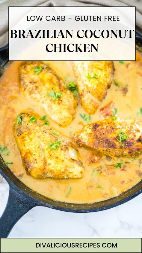 Brazilian Coconut Chicken Coconut Milk Sauce For Chicken, Coconut Milk And Chicken Recipes, Coconut Sauce For Chicken, Coconut Milk Pork Chops, Chicken Breast Coconut Milk Recipes, Coconut Milk Chicken Thighs, Brazilian Chicken Recipes, Coconut Milk Chicken Recipes, Saucy Chicken Recipes