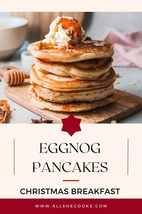 These Eggnog Pancakes are fluffy, delicious, and packed with the flavors of holiday eggnog, nutmeg and vanilla. The ultimate holiday breakfast!rn Christmas Egg Nog Bread, Egg Nog Pancakes Recipe, Eggnog Pancakes Recipe, Eggnog Waffles, Cranberry Pancakes, Eggnog Pancakes, French Toast Pancakes, Christmas Pancakes, Pancake Mix Recipe