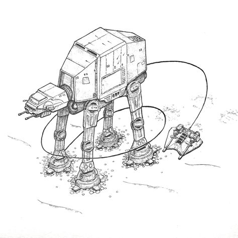 A pen and ink illustration of a snowspeeder and A T A T from starwars episode 5, Empire Strikes Back in isometric view. At At Star Wars Drawing, 2022 Inktober, Drawing In Pen, Star Wars Art Drawings, Imperial Walker, Star Wars Painting, Drawing Stars, Isometric Drawing, Star Wars Drawings