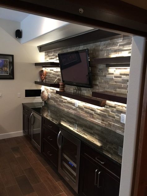 Home Bar Wall Design, Bar Refrigerator Ideas, Finished Basement Lighting, Wall Bar With Tv, Basement Bar Lights, Basement Bar Lighting Ideas, Basement Bar Ideas With Tv, Basement Bar Wall Ideas, Bar Lights Ideas