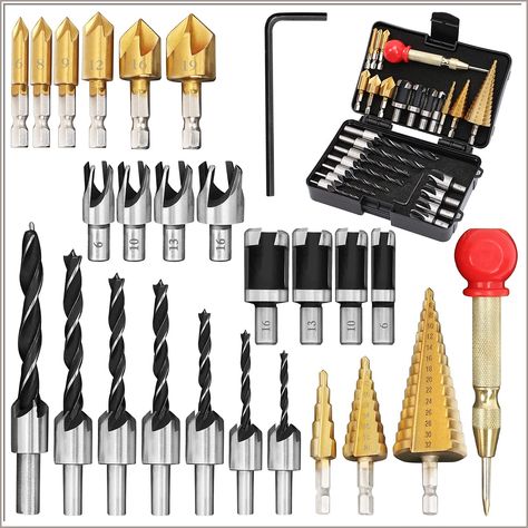 LAMPTOP 26-Pack Woodworking Chamfer Drilling Tools Including 6 Countersink Drill Bits, 7 Three Pointed Countersink Drill Bit with L-Wrench, 8 Wood Plug Cutter, 3 Step Drill Bit, and Automatic Drill Bit Sharpeners, Metal Fabrication Tools, Wood Drill Bits, Carpenter Tools, Fabrication Tools, Step Drill, Wood Burning Kits, Drilling Tools, Carpentry Tools