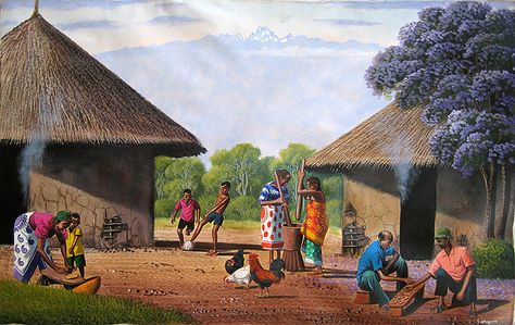 Traditional Homestead  by Jane Wanjeri, female artist of Kenya Village Scene Drawing, Kenyan Artists, African Village, Africa Art Design, Mysterious Man, African Artwork, Afrique Art, Scene Drawing, African Wall Art