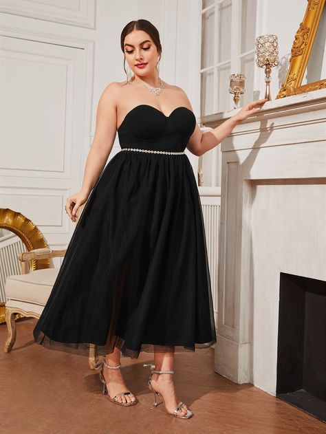 Black Glamorous Collar Sleeveless Polyester Plain A Line Embellished Slight Stretch All Plus Size Dresses Plus Size Tulle Dress, Tulle Dress Short, Pluse Size, Curvy Style, Tube Dress, Dress Short, Tulle Dress, Curvy Fashion, Amazing Products