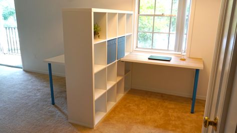 Desk As Room Divider, Kallax Wall Divider, Room Divider With Desk, Kallax With Desk, Kallax Bedroom Divider, Ikea Kallax Room Divider, Ikea Shelves As Room Dividers, Kallax Room Divider Office, Kallax Shelving Unit Room Divider