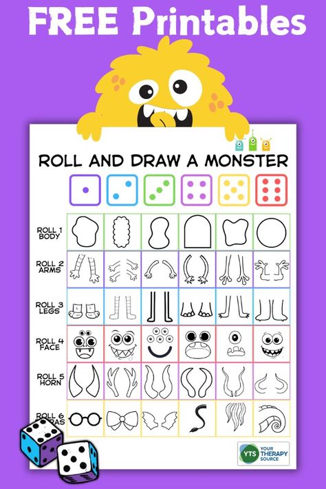 Free Roll a Monster Printable - Your Therapy Source Roll A Face Dice Game, Build Your Own Monster Printable, Roll A Monster Free Printable, Make Your Own Monster Free Printable, Roll A Monster Dice Game, Build A Monster Free Printable, Dice Monster, Roll A Monster, Roll The Dice Game