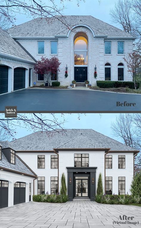 Virtual Exterior Design Service Pricing | brick&batten Traditional Brick Home, Garage Door Styles, House Makeovers, Colonial Exterior, Home Exterior Makeover, Exterior Renovation, Roof Styles, Exterior Makeover, Black Windows