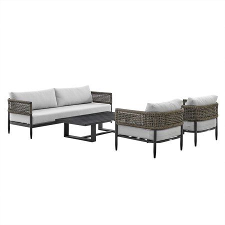 The Felicia 4 Piece Outdoor Rope and Aluminum Black Seating Set with Light Gray Cushions from Armen Living will mark all the boxes for a perfect outdoor seating set. Constructed of the highest quality materials, the Algeria 4 Piece Outdoor Rope and Aluminum Black Seating Set with Light Gray Cushions will provide enjoyment and comfort for many years to come. The Algeria coffee table is perfect for morning or evening conversations while you watch the sunrise or sunset! The Algeria features a polye Aluminum Coffee Table, Light Gray Fabric, Outdoor Seating Set, Outdoor Sofa Sets, Versatile Furniture, Outdoor Lounge Set, Premium Sofa, Patio Sofa, Grey Cushions