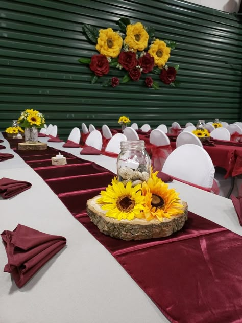 Sun Flower Theme Wedding, Sunflower And Burgundy Wedding Theme, Sunflower And Burgundy Centerpieces, Sunflower And Rose Centerpieces Wedding, Burgandy Sunflowers Wedding, Wedding Flowers Sunflowers And Roses, Sunflower Quinceanera Theme Table, Red And Sunflower Wedding, Sunflower And Red Wedding