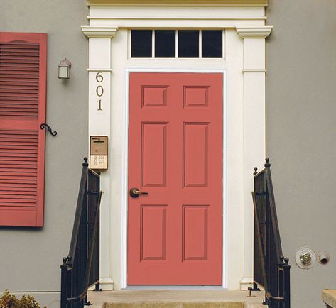 Front Door Colors Interior, Coral Front Doors, Bold Front Door Colors, Bold Front Door, Bright Front Doors, Coral Door, Entry Door Colors, Purple Front Doors, Interior Door Colors