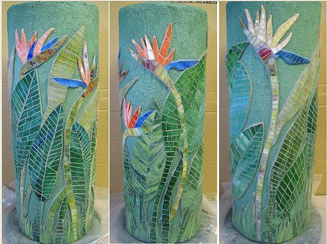 Stained Glass Scraps, River Rock Landscaping, Mosaic Pots, Mosaic Flower Pots, Concrete Column, Pool Filter, Stained Glass Bird, Mosaic Madness, Mosaic Flowers