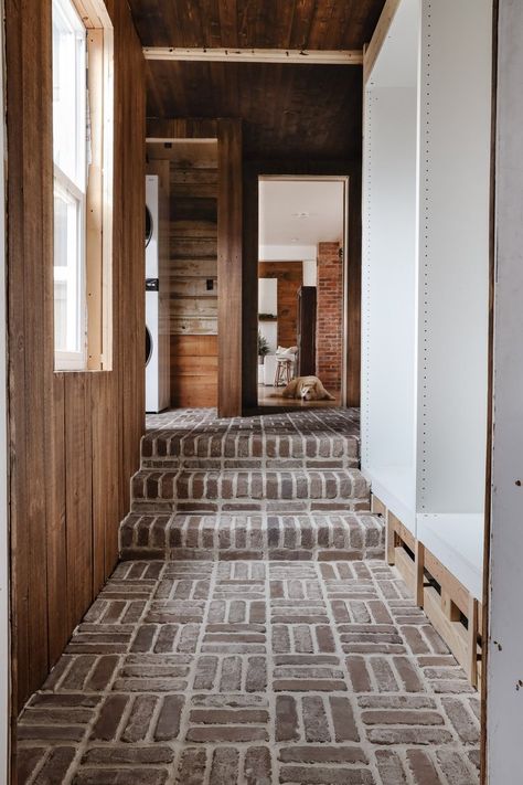 How We Installed Brick Floors In Our Laundry Room - Nadine Stay Diy Brick Floor, Brick Bathroom Floor, Dinning Room Flooring, Brick Floors Mudroom, Laundry Room And Mudroom, Brick Sealer, Downstairs Hallway, Brick Floor Kitchen, Brick Tile Floor