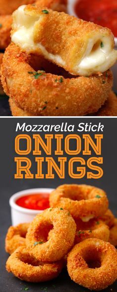 These Mozzarella Stick Onion Rings Should Run For President Mozzarella Stick, Pembuat Roti, Study Session, Mozzarella Sticks, Corn Dogs, Idee Pasto Sano, Onion Rings, Finger Food, Appetizer Snacks