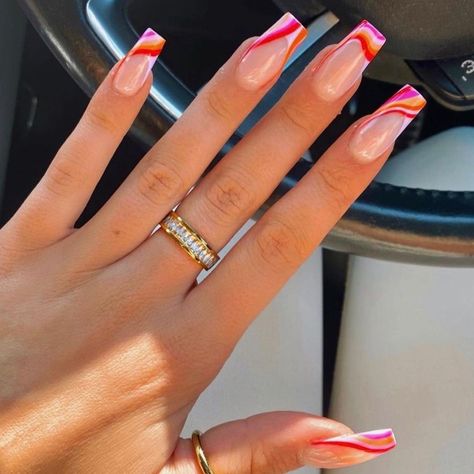 Bright Gel Nails, Multicoloured Nails, Long Square Nails, Simple Acrylic, Stylish Nails Designs, French Tip Acrylic Nails, Trendy Nail Design, Pink Swirls, Pink Acrylic Nails