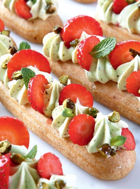 Strawberry Eclair recipe (pdf downloadable) Strawberry Eclairs, Candied Pistachios, Strawberry Eclair, Eclair Recipe, Profiterole, Whipped Goat Cheese, French Desserts, Eclairs, April 22