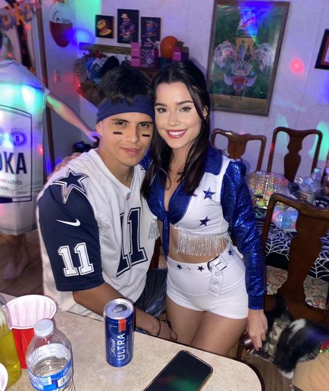 Dallas Cowboy And Cheerleader Costume, Raiders Cheerleaders Costume, Football Player And Cheerleader Couple Costume, Cheerleading And Football Couples, Football And Cheerleader Couples Costume, Dallas Cowboys Cheerleaders Costume Couple, Dallas Cowboys Couple Costume, Football Player And Cheerleader Costume, Cheerleader And Football Player Costume