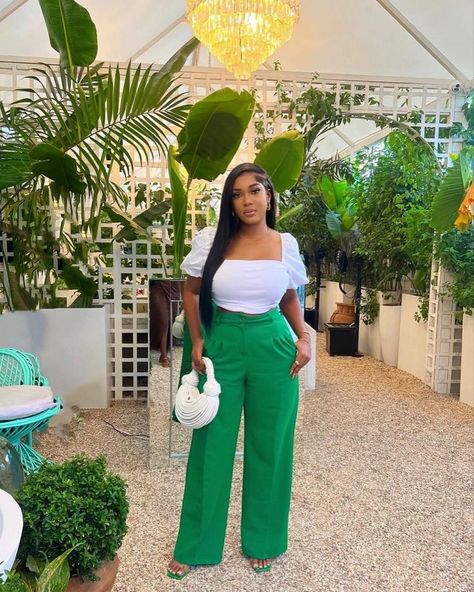 Green outfits >> good money💚 . Want more of this? follow @ankaracelebrities Like,comment and share this post😉 . . . Disclaimer - Pictures are not ours. All credits and rights reserved to respective owners. Turn on post notification and be the first to see new style inspiration😉 #AsoEbiBella #Asoebi #asoebistyles #instablog #owanbe #lagosweddings #makeup #fashion #fashiondesigner #fashionblogger #ankara #ankarafashion #ankarastyles #traditionalweddings #africanfashion #africanwedding #even... Pallazo And Top, Cute Professional Outfits, Brunch Outfits, Green Outfits, Color Combos Outfit, Elevated Casual, Cute Modest Outfits, Stylish Work Attire, Fashion Tops Blouse