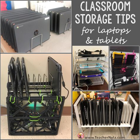 This a comprehensive list of classroom storage ideas for technology devices. Devices like iPads, earphones, and laptops are used so much in classrooms now Laptop Storage Classroom, Kallax Storage Ideas, Classroom Storage Ideas, Chromebook Storage, Ikea Kallax Storage, Kallax Storage, Ideas For The Classroom, Technology Devices, Ipad Storage