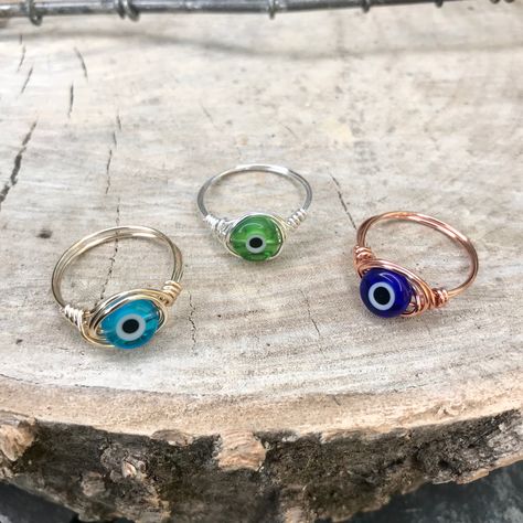 Evil Eye Rings, Selenite Stick, Looks Hippie, Eye Rings, Wire Jewelry Rings, Protection Ring, Handmade Evil Eye, Hippie Rings, Rings Gemstone