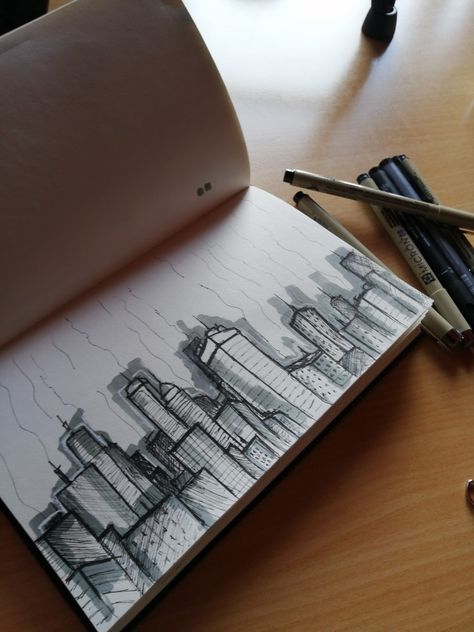 I did this quick sketch with pen and markers. Video is available to watch on my YouTube Channel. Skyscraper Sketch, Sketch With Pen, Drawing With Markers, Marker Sketch, Pen Ink Drawing, Micron Pens, Sketch Pen, Urban Sketch, Architecture Concept