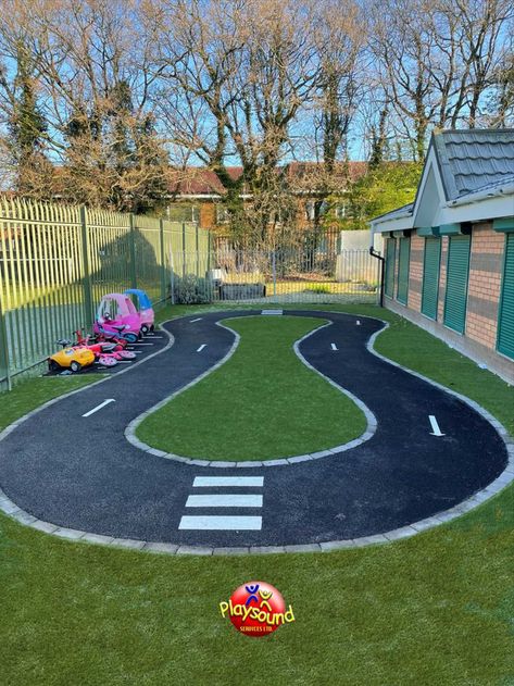 Outdoor Car Track For Kids, Toddler Outdoor Play Area, Toddler Outdoor Play, Daycare Playground, Outdoor Kids Play Area, Outdoor Play Space, Kids Backyard Playground, Play Area Backyard, Backyard Kids Play Area