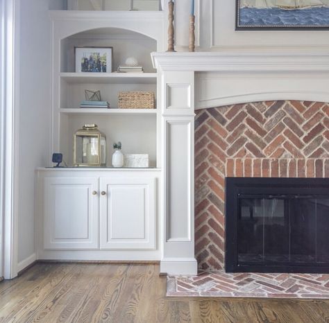 Family Room With Brick Fireplace, Brick Fireplace White Mantle, Brick Herringbone Fireplace, Brick Fireplace With White Mantle, Brick Fireplace With Built Ins, Arched Mantle, Built Ins Fireplace, Cape Cod Kitchen Remodel, Arched Shelves