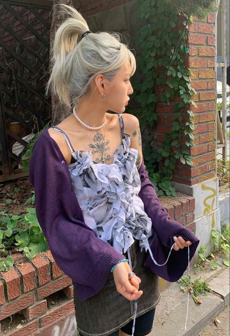 eccentric, purple, lavender, violet, denim skirt, biker shorts, cardigan, tank top, summer outfit, outfits, cool, kfashion, New York Skirt Shorts Outfit, Tik Tok Fashion, Cutesy Outfit, Tank Top Outfits, Purple Tank, Purple Lavender, Top Summer, Fashion Lookbook, Biker Shorts