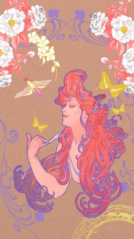 Art Nouveau Background, Tee Illustration, Iphone Wallpaper Pink, Nouveau Wallpaper, Flower Goddess, Art Nouveau Wallpaper, Mucha Art, Illustration Styles, Art Nouveau Poster