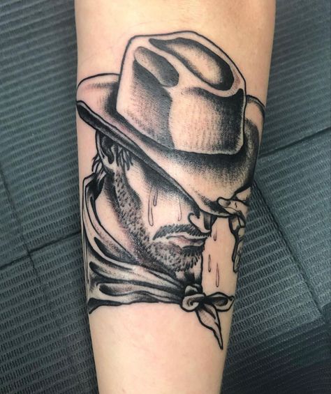 Cowboy Standoff Tattoo, Tattoo Ideas Cowboy, Western Sleeve Tattoo For Men, Cowboy Tattoo Ideas, Skeleton Cowboy Tattoo, Cowboy Tattoo Western, Tattoos Cowboy, Cowboy Tattoos For Men, Gnarly Tattoos