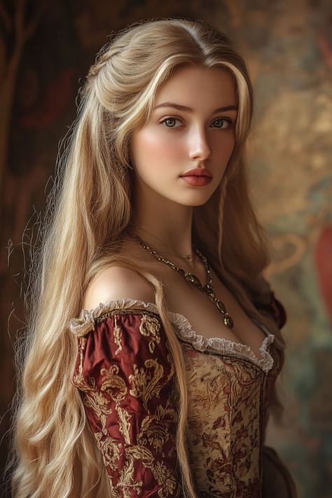 Noblewoman Aesthetic, Beautiful Middle Aged Woman, Blonde Character Inspiration, Blonde Female Character Art, Blonde Female Character Inspiration, Medieval Portrait, Medieval Female, Medieval Queen, Female Book Characters