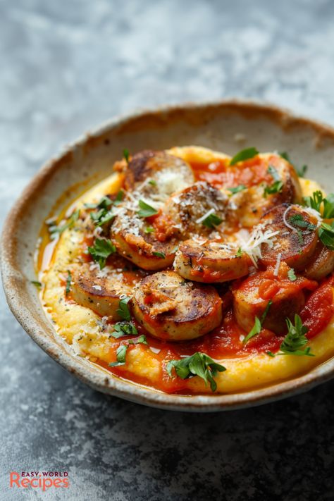 Polenta with Sausage is a comforting Italian dish featuring creamy polenta topped with savory sausage and a rich tomato sauce. Italian Polenta, Italian Main Dishes, How To Cook Polenta, Polenta Recipes, Italian Dinner Recipes, Traditional Italian Dishes, Creamy Polenta, Sausage Recipe, Italian Recipes Easy