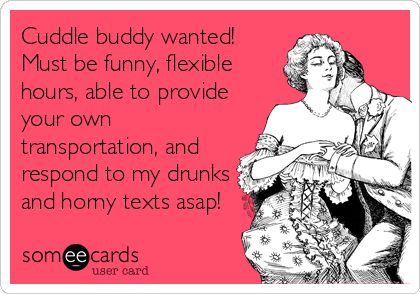 Free, Cry For Help Ecard: Cuddle buddy wanted!  Must be funny, flexible hours, able to provide your own transportation, and respond to my drunks and horny texts asap! Weak In The Knees, Cuddle Buddy, Flirting Memes, Truth Hurts, Beautiful Body, E Card, Know Who You Are, Someecards, Ex Husbands