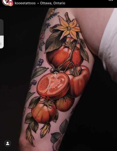 Tomato Tattoo, Vegetable Tattoo, Tomatoes On The Vine, Tomato Vine, Garden Tattoos, Food Tattoos, Plant Tattoo, Botanical Tattoo, Eye Tattoo