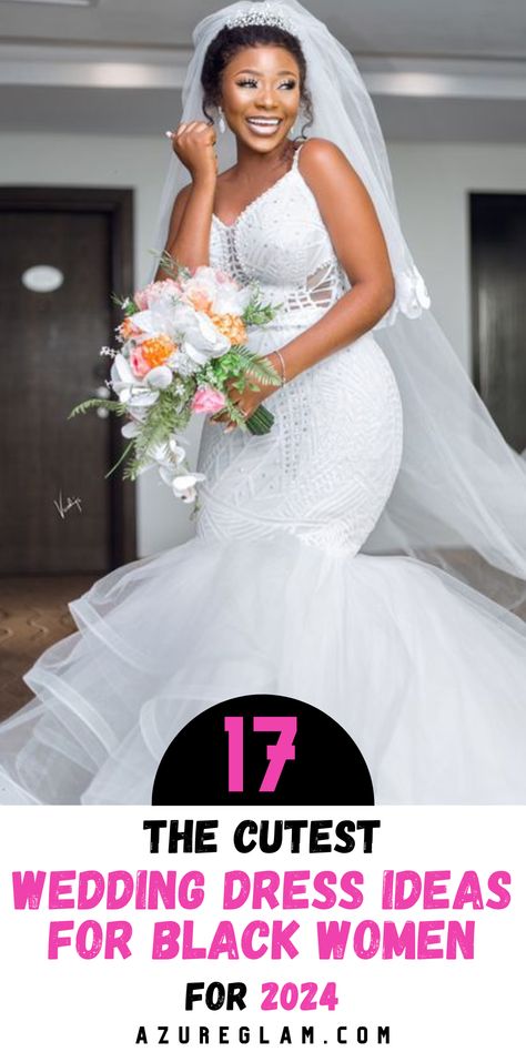 Embrace your unique style with our curated selection of 17 Wedding Dress Ideas for Black Women 2024. From vintage-inspired ballgowns to contemporary boho-chic designs, each gown is meticulously crafted to reflect the beauty and individuality of black brides. Whether you prefer a classic champagne dress or a whimsical fairytale gown, our collection has the perfect option to make you feel confident and radiant on your wedding day. Black Women Wedding Gowns, Bridal Gowns Black Women, Popular Wedding Dresses 2024, Gowns For Black Women, Wedding Dress Aesthetic, Black Brides, Short White Dress Wedding, Wedding Dress Crafts, June Bride