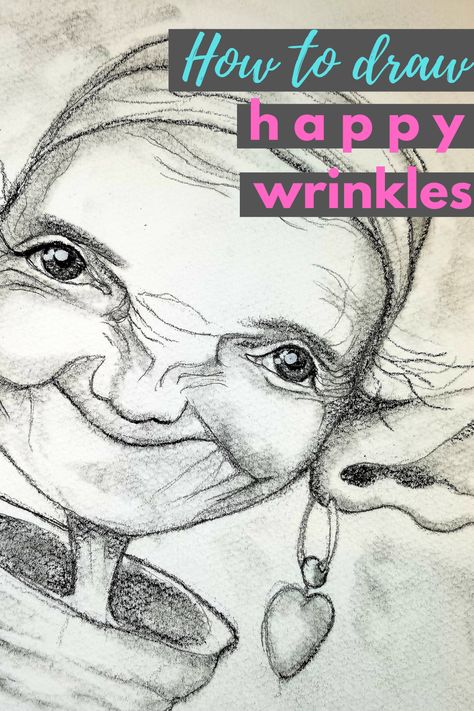 At first, I was surprised my facebook group requested I teach them how to draw wrinkles on a face, but now, I've fallen in love with my wrinkled fairy drawing project! I merged two references to sketch this happy woman in graphite. I can see wisdom shining through her eyes and whimsical smile. Enjoy this pencil drawing tutorial! Beginners always welcome.  #karencampbellartist #awesomeartschool #drawing #howtodraw #facesketch #fairydrawing Whimsical Sketches Drawings, Happy Face Drawing Reference, Fairy Face Drawing, Wrinkles Drawing, Draw Wrinkles, Pencil Drawing Tutorial, Drawing Wrinkles, Sketching Shading, Whimsical Drawings