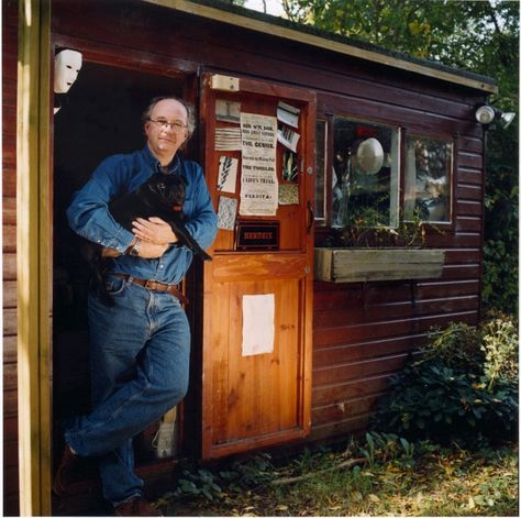 Philip Pullman in the doorway of his writing shed | Gallery of famous writers' writing sheds [Guardian] Writer's Office, His Dark Materials Trilogy, Writing Studio, Reading Rooms, Writers Desk, Shed Of The Year, Writing Retreat, Workshop Studio, Philip Pullman