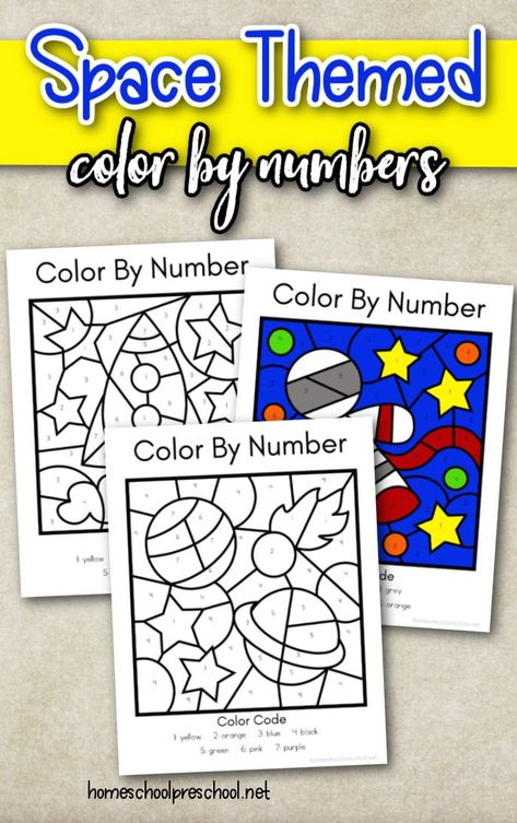 These free printable color by number space worksheets are a fun way to help your preschooler practice color words and number recognition. Space Color By Number Free, Space Number Activities, Space Color By Number, Space Worksheets, Space Week, Tumblr Coloring Pages, Summer Lesson, Fnaf Coloring Pages, Homeschooling Preschool