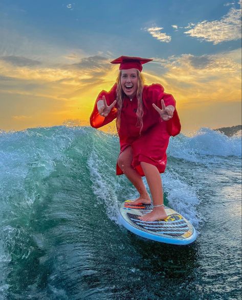 Grad pic. Surfing. Sunset. Wakesurfing Graduation Pictures, Water Skiing Senior Pictures, Jet Ski Senior Pictures, Wakeboard Senior Pictures, Wake Surfing Graduation Pictures, Surf Senior Pictures, Surfing Graduation Pictures, Surfing Senior Pictures, Senior Pics Lake