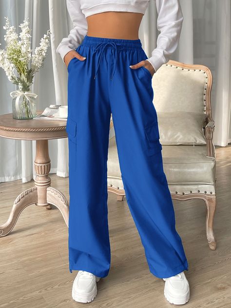 Blue Long Pants Outfit, Pants Azul, Flap Pocket Cargo Pants, Outfit Sweatpants, Shein Codes, Royal Blue Outfits, Kawaii Clothes Goth, Royal Blue Pants, Pants Embellished