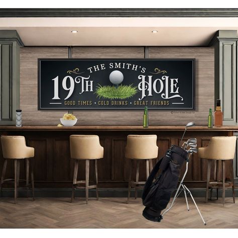 Personalized 19th Hole Sign - Golfing Sign For Home Bar - Golfer Gifts Thank you for visiting Crown & Oak Design Co. ➤ Click here for all products https://www.etsy.com/shop/CrownAndOakDesignCo ➤ How To Order: Please select size, product type and add personalization (if required) in the text box above. ★ Note: Any customization beyond what is required specific to the design is subject to an additional design fee. This includes but is not limited to wording, fonts, colors, or any added logos or im Golf Simulator Room With Bar, Golf Wall Decor Ideas, Golf Themed Basement, Golf Basement Ideas, Outdoor Golf Simulator Room, Golf Man Cave Decor, Basement Bar Signs, Golf Simulator Business, Golf Room Man Cave